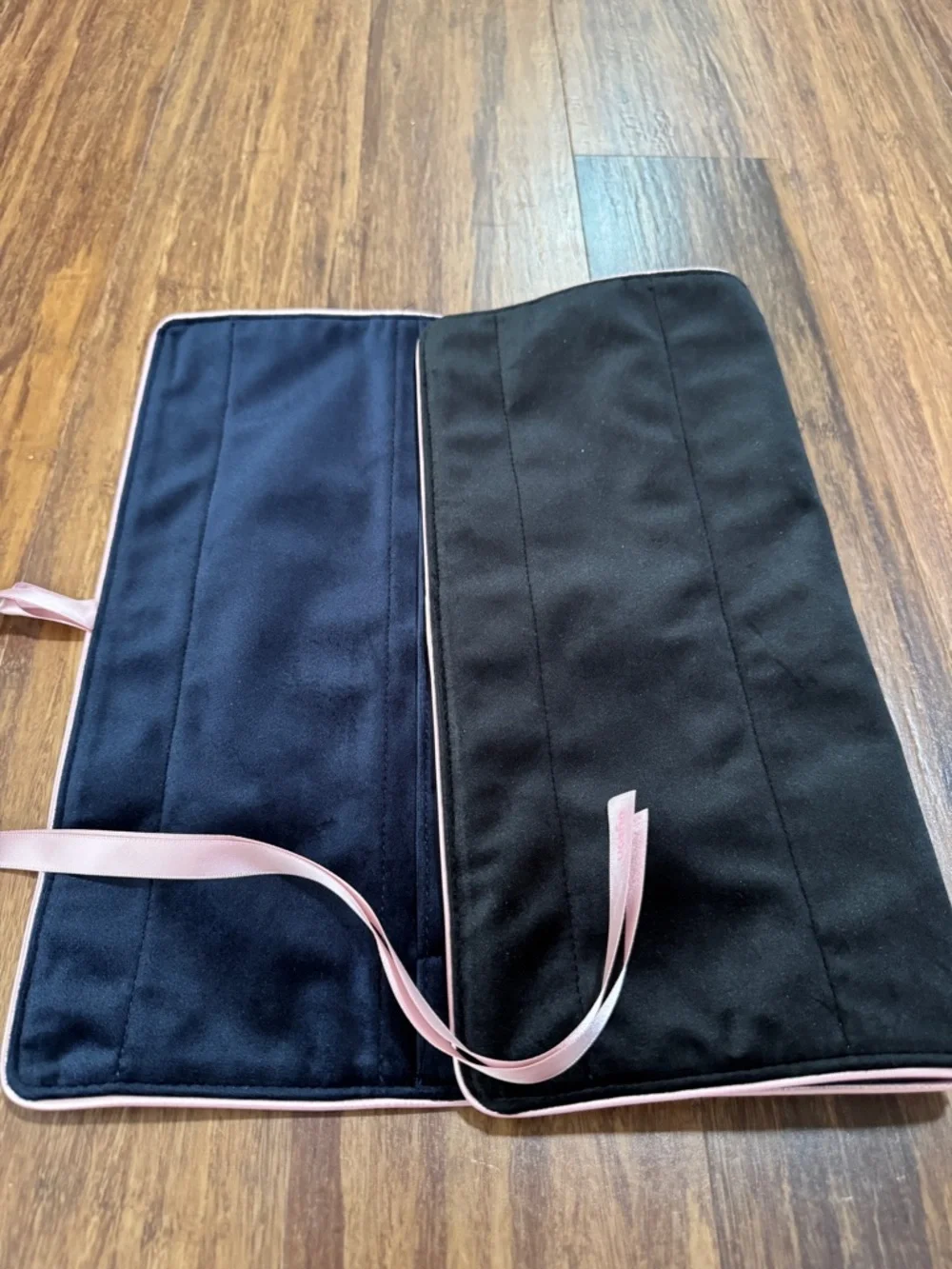 Dyson Velvet Folding Makeup Bag, Travel bag Black/Pink Trim, Pockets 16x12x1 in
